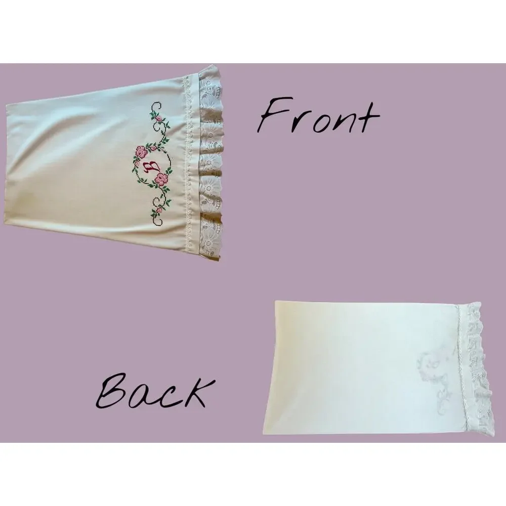 Vintage Embroidered Monogram B Pillowcase-Lace Edge-Cottagecore-Standard White